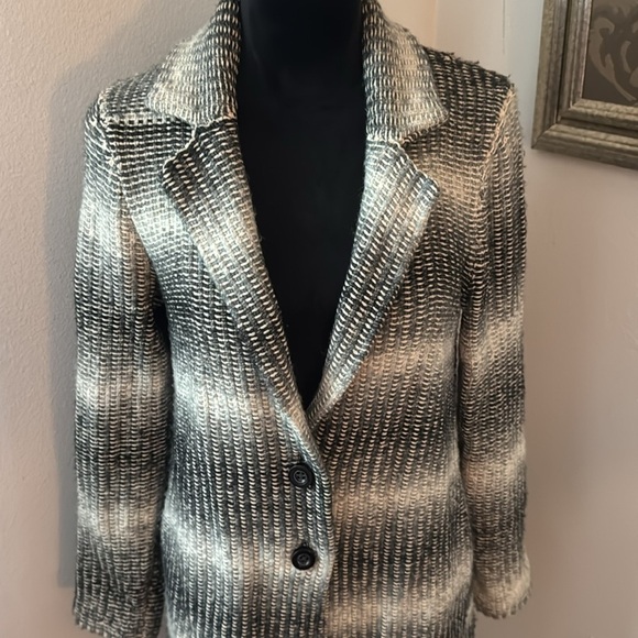 Lucky Brand car coat knit gray ivory stripes button front Sz M - Picture 5 of 12